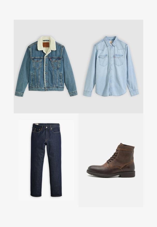 Veste en denim avec un délavage bleu clair, col en fausse fourrure, deux poches poitrine et fermetures à bouton. Présente un patch en cuir de marque au niveau du cou.; Chemise en denim bleu clair à manches longues avec fermeture boutonnée devant, deux poches poitrine à rabat boutonné et col pointu sur fond uni.; Jean en denim bleu foncé à coupe droite, avec un style à cinq poches, des coutures visibles et une fermeture à boutons classique.; Jack & Jones JFWDELANEY BOOT - Bottines à lacets - cognac