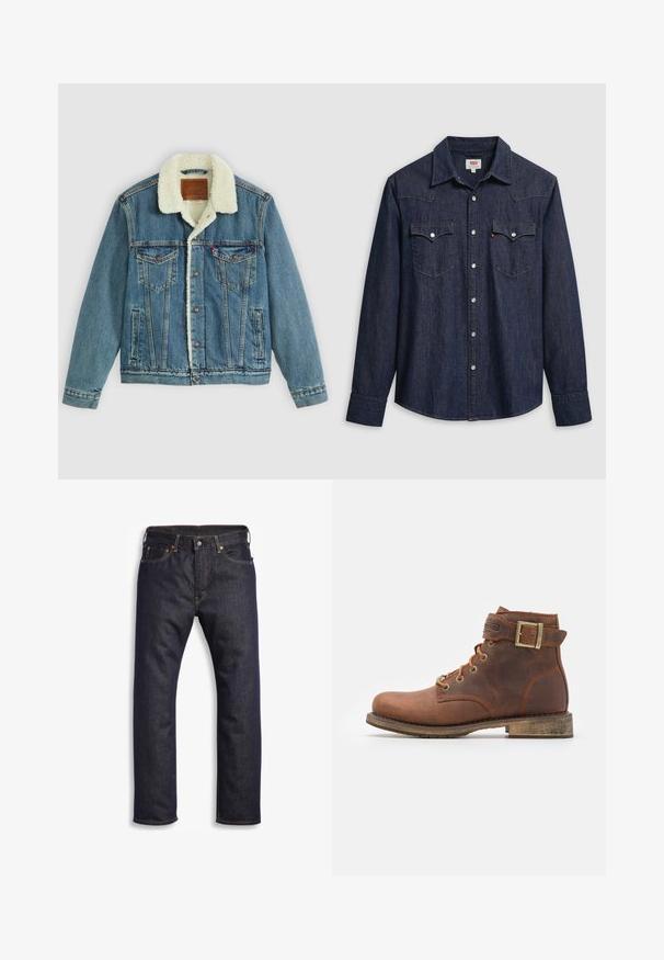 Veste en denim avec un délavage bleu clair, col en fausse fourrure, deux poches poitrine et fermetures à bouton. Présente un patch en cuir de marque au niveau du cou.; Chemise en denim bleu foncé avec col pointu, boutons-pression et poches poitrine. Comprend des détails de couture et des manches longues.; Jean en denim bleu foncé avec coupe droite, design à cinq poches, matériel en métal et surpiqûres orange contrastantes. Texture lisse, sans motifs visibles.; Harley Davidson VNTGMOTO SHORT RIDING APPROVED - Bottines de cowboy / motard - brown