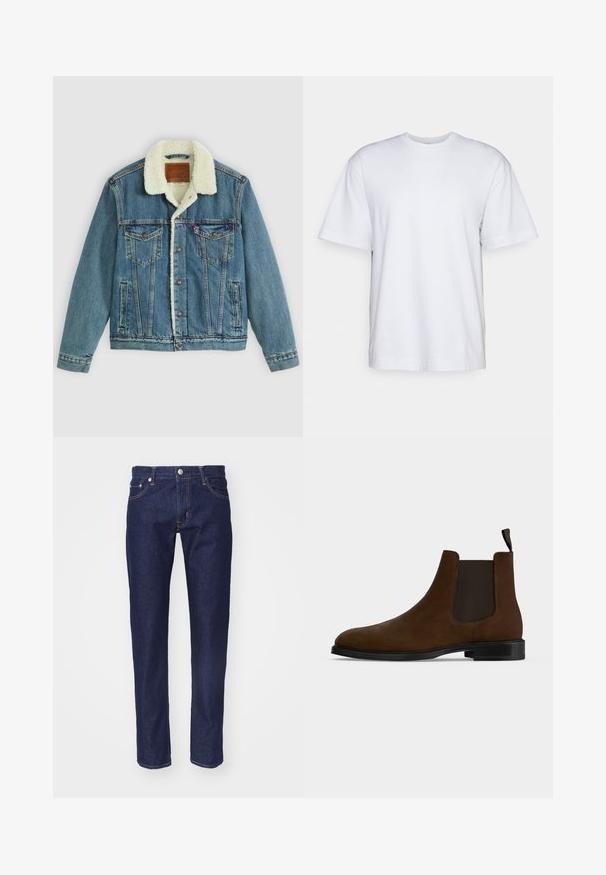 Veste en denim avec un délavage bleu clair, col en fausse fourrure, deux poches poitrine et fermetures à bouton. Présente un patch en cuir de marque au niveau du cou.; Filippa K HEAVY CREW NECK TEE - T-shirt basique - white; Jean en denim bleu marine avec une coupe droite, une conception à cinq poches, des coutures orange contrastées et une fermeture à bouton en métal argenté à la taille.; Bottine Chelsea en daim marron avec panneaux latéraux élastiques noirs, semelle en caoutchouc noire et languette à l'arrière sur fond blanc uni.