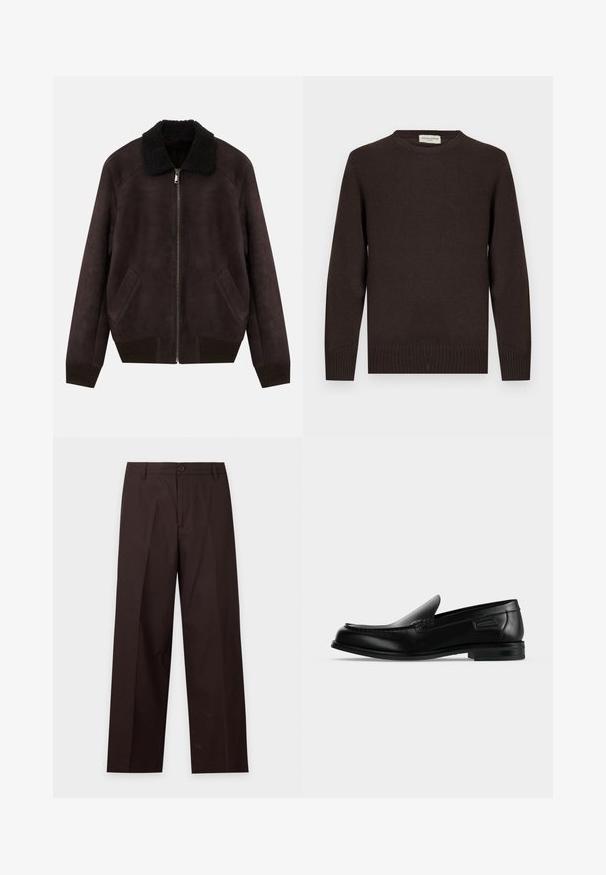 Veste bomber en daim marron foncé avec col en shearling noir, fermeture éclair sur le devant, poches latérales en angle et bords côtelés.; Pull en tricot marron avec un col rond, des poignets côtelés et un ourlet côtelé. Texture lisse sans motifs ni accents. Design simple et forme classique.; Pantalon droit marron foncé avec passants de ceinture, fermeture par bouton et pli sur le devant, présenté sur fond blanc.; Mocassin noir en cuir à enfiler avec un petit talon, un bout arrondi et des surpiqûres décoratives le long du bord supérieur.