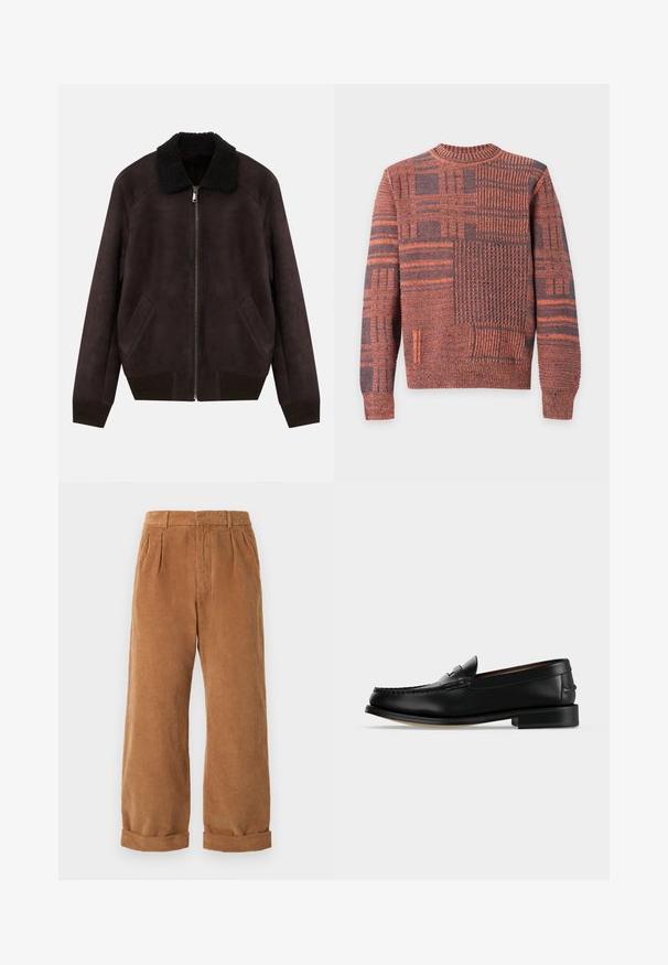 Veste bomber en daim marron foncé avec col en shearling noir, fermeture éclair sur le devant, poches latérales en angle et bords côtelés.; Pull en maille à manches longues avec motifs patchwork orange et gris foncé, col, poignets et ourlet côtelés.; Pantalons en velours côtelé marron avec une coupe évasée, dotés de plis à l'avant et de ourlets retroussés. Le tissu a un aspect texturé et côtelé.; Mocassin homme en cuir noir avec un petit talon et une couture de style mocassin sur l'avant, vu de côté sur un fond uni.