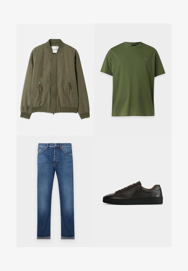 Ελαιόχρωμο bomber jacket με στρογγυλή λαιμόκοψη, δύο μπροστινές τσέπες με φερμουάρ, ελαστικούς μανσέτες και καθαρή, μινιμαλιστική σχεδίαση. Χαλαρή υφή υφάσματος.; Απλό ελιάς πράσινου χρώματος κοντομάνικο μπλουζάκι με μικρό πολύχρωμο λογότυπο ζέβρας στο αριστερό στήθος, σε φωτεινό φόντο.; Ανδρικό τζιν μπλε με ίσια γραμμή, κλείσιμο με κουμπί, σχεδιασμό με πέντε τσέπες και γυρισμένα τελειώματα, σε λευκό φόντο.; Αθλητικό παπούτσι με χαμηλό προφίλ από σκούρο καφέ δέρμα, μαύρη καουτσούκ σόλα, μπροστινό δέσιμο με κορδόνια και απλό, μινιμαλιστικό σχεδιασμό σε ανοιχτό φόντο.