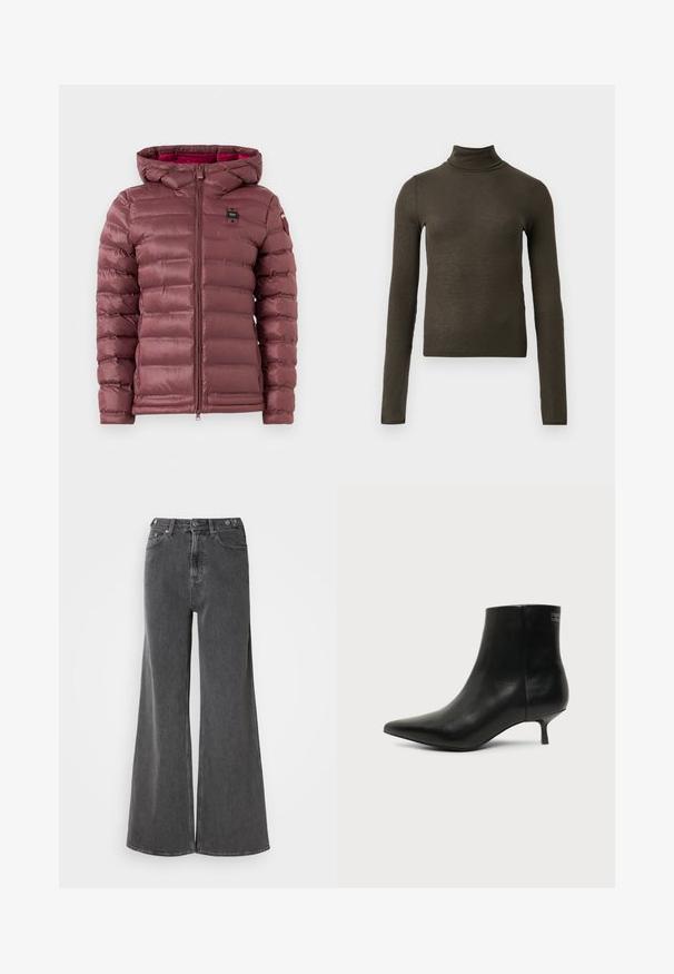 Veste matelassée mauve avec une fermeture éclair à l'avant, une capuche et un motif matelassé horizontal. Présente un patch logo sur le côté gauche de la poitrine et des poignets élastiques.; Haut à col roulé à manches longues de couleur vert olive foncé, à côtes, avec une coupe slim et une longueur légèrement raccourcie, sur fond clair.; Jean large en denim noir délavé, avec une taille haute, deux poches avant et des fermetures à bouton en métal. Texture lisse, détails minimes.; Bottine en cuir noir avec bout pointu et petit talon kitten sur fond clair, vue côté extérieur.