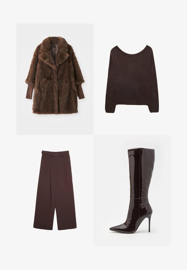 Manteau en fausse fourrure marron avec un grand col, deux poches avant et des poignets côtelés marron. Texture douce et pelucheuse, design mi-long.; Pull en tricot marron avec un col dénudé, des manches longues et des poignets à côtes. Texture douce avec une finition de surface lisse.; Stradivarius SMART WIDE-LEG WITH BUCKLE DETAIL - Pantalon classique - dark brown; Even&Odd by Zalando Bottes à talons hauts - dark brown