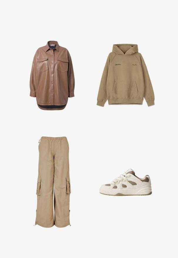 Brun faux læder skjortejakke med to brystlommer, knapfrontlukning og en rundet kant. Har en afslappet pasform og lange ærmer.; Beige hættebluse i fleece materiale, med en frontlomme, ribbede mansjetter og broderede logoer på brystet.; Beige cargo bukser med elastisk talje, to sidelommer og mesh-detaljer; fremstillet af letvægts, tekstureret stof.; Hvide og beige sneakers med mesh-paneler, rund tå, tyk sål og snørebåndsdesign. Har teksturerede detaljer og mønstret sål.