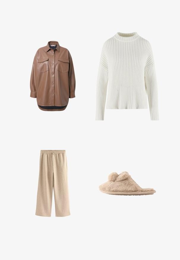 Brun faux læder skjortejakke med to brystlommer, knapfrontlukning og en rundet kant. Har en afslappet pasform og lange ærmer.; Hvid ribbestrikket sweater med høj hals, lange ærmer og afslappet pasform, der har et struktureret stof med lodrette linjer.; Cremefarvede breddebenede bukser lavet af blødt bomuldsblandingsstof. Har en elastisk talje med snor og en subtil plettet tekstur.; Beige, fløjlsblød hjemmesko med to pomponer på toppen og en flad sål, designet til indendørs brug.