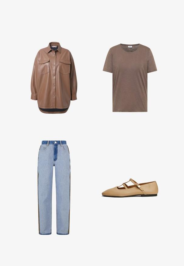 Brun faux læder skjortejakke med to brystlommer, knapfrontlukning og en rundet kant. Har en afslappet pasform og lange ærmer.; Brun T-shirt med korte ærmer og rund hals i let materiale med subtil tekstur og en lille mærkebeton inde i kraven.; Lys blå denim jeans med lige ben, der har en kontrastfarvet mørk denim talje og dekorative sideaccenter i et unikt mønster.; Beige flad sko med spids tå, to tynde remme, der krydser foden, og en lille spænde på ydersiden.