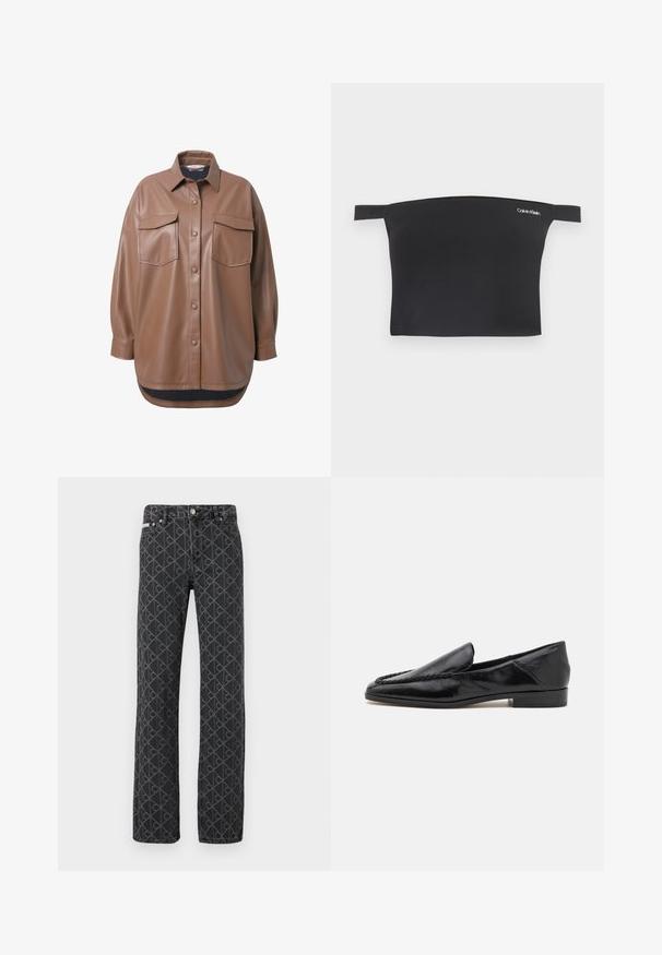 Brun faux læder skjortejakke med to brystlommer, knapfrontlukning og en rundet kant. Har en afslappet pasform og lange ærmer.; Sort crop top med off-shoulder design, fremstillet af glat stof. Har smalle stropper og et lille hvidt Calvin Klein-logo på forsiden.; Sorte denimjeans med et diskret logo-mønster over det hele. Straight-leg design med fem-lomme styling og lukning med metal knap.; Sorte læder loafers med en glat overflade, der har en syet detalje langs forkanten og en lav, firkantet hæl.