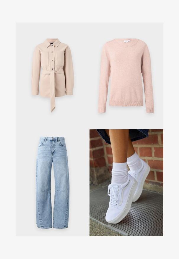 Lys beige bælteskjorte med krave, frontknaplukning, to brystlommer og lange ærmer. Glat tekstur, minimalistisk design.; Lys pink sweater med rund halsudskæring, lange ærmer og ribbede manchetter og kant. Lavet af blødt stof med en glat tekstur.; Lysblå brede jeans lavet af denim, med høj talje, fem lommer og diskret slid. Benene har synlige syninger og sømme.; Hvide lærreds sneakers med gummisåler, der har seks snørehuller, rund tå og let sømdetaljer, krydret med hvide ankelstrømper.