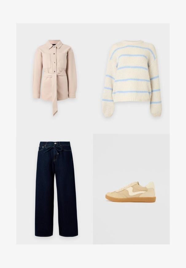 Vaalea beige vyöllä varustettu paita, jossa on kauluksellinen pääntie, etunapit, kaksi rintataskua ja pitkät hihat. Sileä rakenne, minimalistinen muotoilu.; Kermansävyinen neulot sweater, jossa vaaleansiniset vaakaraitat ja resorit hihoissa, helmassa ja pääntiessä, valkoisella taustalla.; Tummansinisiä leveälahkeisia farkkuja, joissa on etupainike ja naruvedettävä vyötärö, sekä erottuvat ompeluviivat.; Beige lenkkarit, joissa on mokka- ja verkkomateriaalit, pyöreä muoto, voimakkaasti pehmustettu kaulus ja kumipohja. Sisältää aaltoilumaisen koristeen.