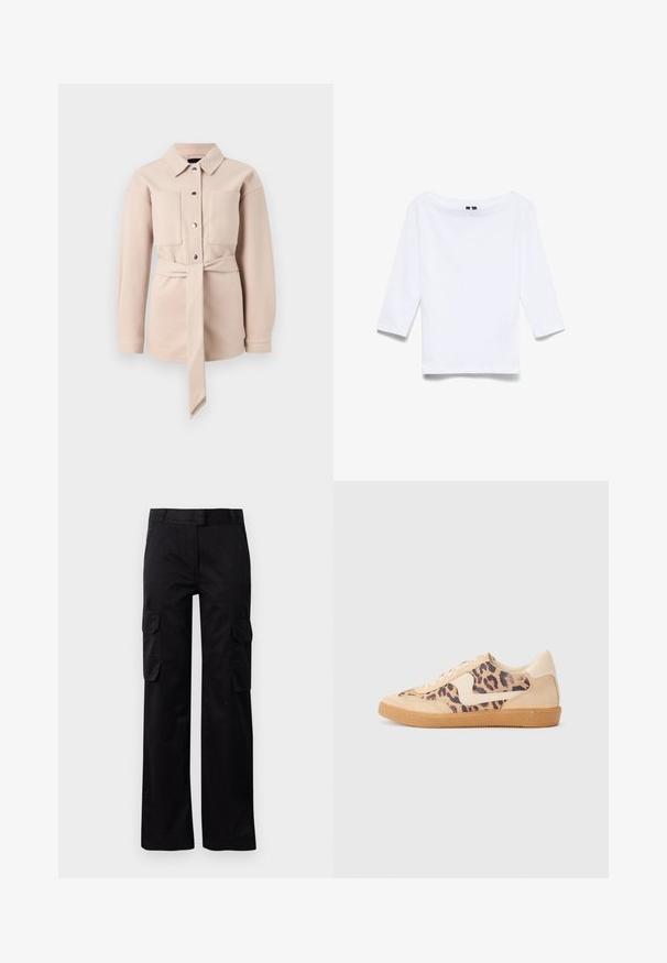 Lichtbeige blouse met ceintuur, kraag, knoopsluiting aan de voorkant, twee borstzakken en lange mouwen. Gladde textuur, minimalistisch ontwerp.; Witte driekwartmouwen shirt gemaakt van een katoenen mix; beschikt over een brede bootnek en een gladde, lichte textuur.; Zwarte cargobroek van duurzaam materiaal, met twee zijzakken en een recht model. Soepele textuur met een klassieke pasvorm.; Luipaardprint sneakers met een beige suède bovenkant, tan rubberen zool en witte accenten. Ronde neus en vetersluiting met een gestructureerde afwerking.
