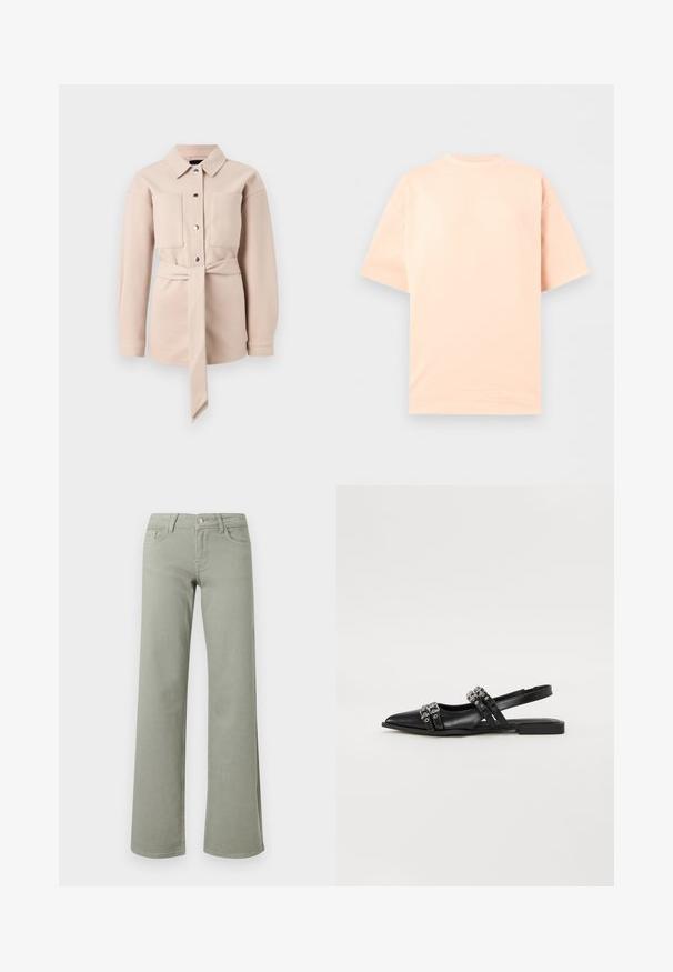 Lys beige bælteskjorte med krave, frontknaplukning, to brystlommer og lange ærmer. Glat tekstur, minimalistisk design.; Kortærmet T-shirt med rund hals i ensfarvet lys ferskenfarve, lagt fladt på en neutral grå baggrund.; Lysegrønne bukser med høj talje og lige ben, med linning, knap, lynlås samt lommer foran og bagpå på en hvid baggrund.; Even&Odd Slingback-ballerinasko - black