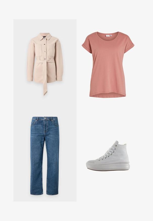 Lichtbeige blouse met ceintuur, kraag, knoopsluiting aan de voorkant, twee borstzakken en lange mouwen. Gladde textuur, minimalistisch ontwerp.; Roze dames-T-shirt met korte mouwen, ronde hals en opgerolde mouwzomen, effen ontwerp en licht gebogen zoom.; Blauwe denim jeans met een rechte pijp en een hoge taille. Kenmerken zijn onder andere voorzakken, een knoopsluiting en subtiele stiksel details.; Witte hoge canvas sneaker met witte veters, metalen oogjes, dikke rubberen zool en gestructureerde neuskap, naar links gericht op een witte achtergrond.
