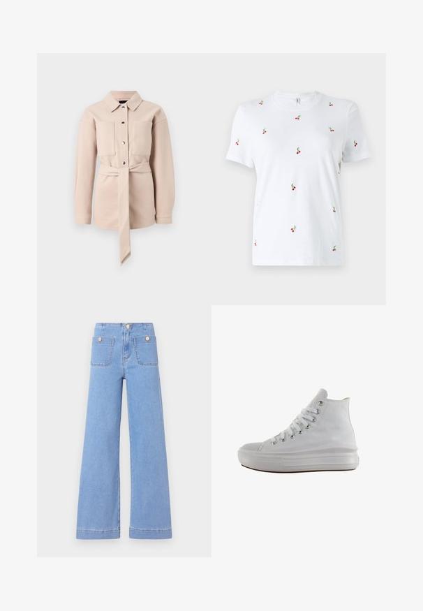 Lys beige bælteskjorte med krave, frontknaplukning, to brystlommer og lange ærmer. Glat tekstur, minimalistisk design.; Hvid bomulds t-shirt med korte ærmer, der har spredt rød kirsebærbroderi og grønne stilke som nøgle dekorative detaljer.; Lysblå vide jeans med høj talje, to baglommer og guldtonede knapper. Lavet af denim med en glat overflade og rent finish.; Hvid højt canvas sneaksko med hvide snørebånd, metaløjer, tyk gummisål og tekstureret tåhætte, vendt mod venstre på en hvid baggrund.