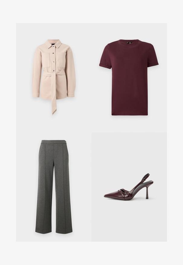 Lichtbeige blouse met ceintuur, kraag, knoopsluiting aan de voorkant, twee borstzakken en lange mouwen. Gladde textuur, minimalistisch ontwerp.; Bordeaux T-shirt van zachte katoen, met een ronde hals, korte mouwen en een relaxte pasvorm, met een gladde textuur en zonder zichtbare patronen.; Grijze, wijde broek van een gestructureerde stof, met een gladde tailleband en verticale naden, en een ontspannen, vloeiende pasvorm.; Bordeauxrode lakleren slingback met puntige neus, dunne enkelband en kleine decoratieve gespsluiting. Gladde textuur en hoge hak.