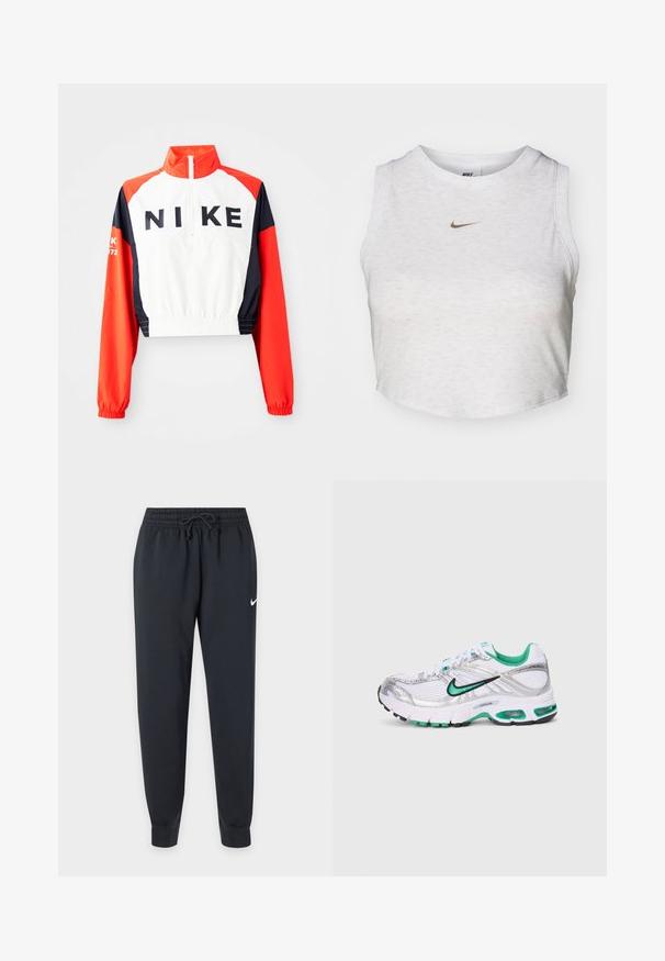 Gekürzte Nike-Jacke mit hohem Kragen, weißem Körper, roten und marineblauen Ärmeln, schwarzem Logo auf der Vorderseite, elastischem Saum und Bündchen, sportliches Design.; Weißes Crop-Top aus weichem, strukturiertem Stoff. Verfügt über einen runden Ausschnitt und einen ärmellosen Schnitt mit einem kleinen goldenen Nike-Logo auf der Vorderseite.; Schwarze Nike Jogginghose mit elastischem Bund und Kordelzug, schmal zulaufenden Beinen, Bündchen an den Knöcheln und kleinem weißen Nike-Swoosh am rechten Oberschenkel.; Nike Laufschuh in Weiß, Silber und Grün. Verfügt über Mesh- und synthetische Materialien, gepolsterten Kragen und eine gepolsterte Sohle mit sichtbaren Air-Elementen.