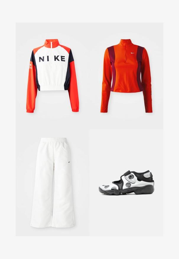 Kroppad Nike-jacka med hög krage, vit kropp, röda och marinblå ärmar, svart logotyp framtill, elastisk midja och manschetter, sportig design.; Punainen ja violetti pitkähihainen paita, jossa on neljännesvetoketju, ja jossa on Nike-logo rinnassa. Paita on istuva ja siinä on sileä pinta.; Valkoiset urheiluhousut, joissa on leveä lahjemuotoilu, joustava vyötärö ja pieni musta Nike-logo vasemmalla puolella. Sileä ja kevyesti laskeutuva materiaali.; Mustavalkoinen slip-on-urheilukenkä, jossa isot pallokuvioiset täplät, säädettävä remmi ja paksu pehmustettu pohja, jossa merkintä "AIR".