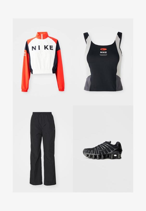 Ingekorte Nike-jas met hoge kraag, witte body, rode en marineblauwe mouwen, zwart logo op de voorkant, elastische taille en manchetten, sportief ontwerp.; Zwarte en grijze sporttanktop met een ronde hals, smalle banden en een centraal oranje Nike-logo op de voorkant gedrukt.; Zwarte, lichtgewicht broek met een elastische tailleband en verstelbare trekkoord. Heeft een gestructureerde afwerking en een klein reflecterend logo aan de zijkant.; Zwarte sportschoen met een gestructureerd mesh bovenwerk en een opvallende dikke zool met afgeronde segmenten. Veters en verstevigde hiel voor ondersteuning.