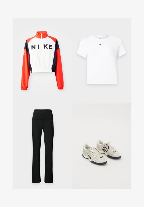 Zrezaná Nike bunda s vysokým golierom, biela telo, červené a námornícke rukávy, čierne logo vpredu, elastický pás a manžety, športový dizajn.; Biele krátke tričko značky Nike s krátkym rukávom a zrezaným strihom, s malým čiernym logom Nike swoosh umiestneným pod výstrihom uprostred.; Čierne športové nohavice s priliehavým pásom a rozšírenými nohavicami. Vyrobené z elastickej látky, s malým logom na boku.; Nike tenisky s béžovým a šedým štruktúrovaným zvrškom, čiernymi akcentmi, veľkým logom "90" a bielym šnurovaním. Čierna podrážka.