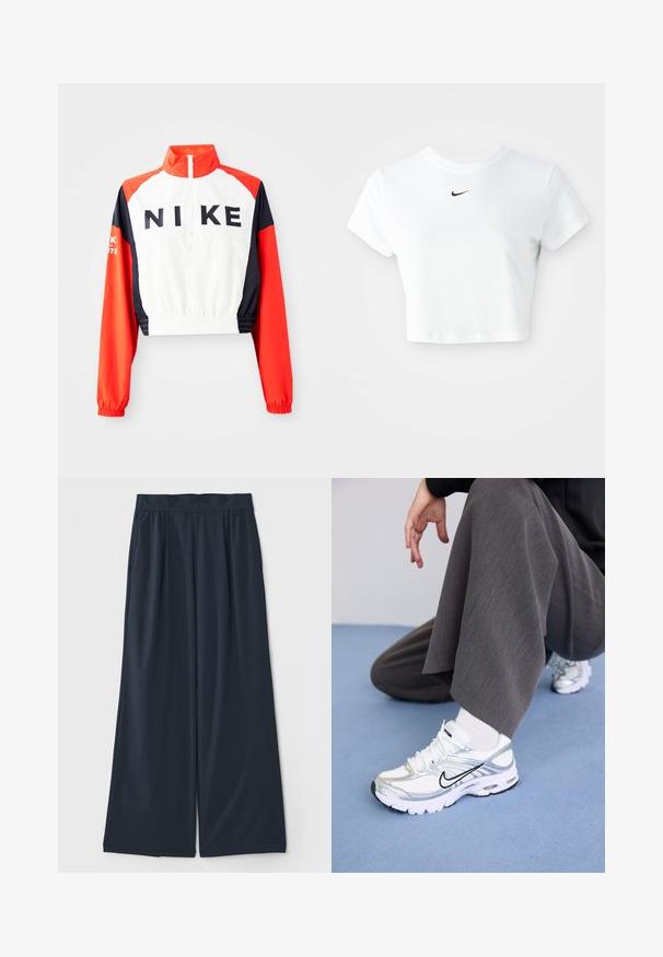 Kroppad Nike-jacka med hög krage, vit kropp, röda och marinblå ärmar, svart logotyp framtill, elastisk midja och manschetter, sportig design.; Valkoinen lyhythihainen puuvillapaita, jossa on pyöreä kaula-aukko ja musta Nike-logo rinnassa.; Tummansinisiä leveälahkeisia housuja, jotka on valmistettu pehmeästä kankaasta; niissä on joustava vyötärö ja kaksi sivutaskua käytännöllisyyden vuoksi.; Valkoiset ja hopeiset urheilukengät, joissa on verkkomainen ja synteettinen materiaali, mustilla korostusviivoilla, nauhoilla ja teksturoiduilla pohjilla.