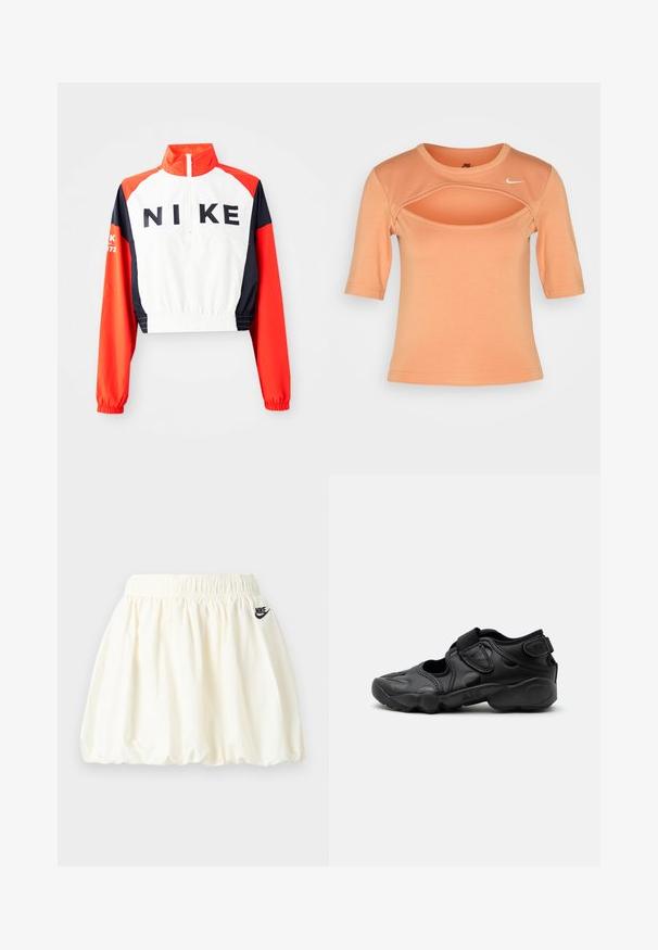 Ingekorte Nike-jas met hoge kraag, witte body, rode en marineblauwe mouwen, zwart logo op de voorkant, elastische taille en manchetten, sportief ontwerp.; Nike Sportswear CUTOUT - T-shirt print - amber brown/sail; Witte Nike-rok met elastische tailleband en subtiele geplooide zoom, met een klein zwart Nike-logo aan de rechterkant.; Zwarte sportieve sandaal met gesloten neus, klittenbandriemen op de middenvoet en hiel, en een dikke gewatteerde zool met de tekst "AIR" aan de zijkant.