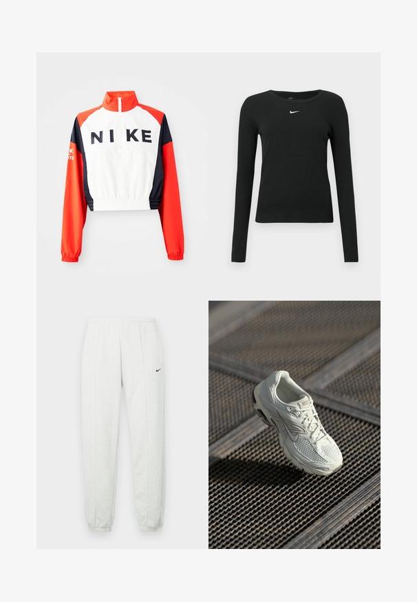 Gekürzte Nike-Jacke mit hohem Kragen, weißem Körper, roten und marineblauen Ärmeln, schwarzem Logo auf der Vorderseite, elastischem Saum und Bündchen, sportliches Design.; Schwarzes, eng anliegendes Langarmshirt aus Rippstoff, mit rundem Ausschnitt und einem dezenten weißen Nike-Logo auf der Brust.; Hellgraue Nike-Jogginghose mit elastischem Bund, zulaufenden Bündchen und einem kleinen schwarzen Logo am linken Oberschenkel. Weicher, strukturierter Stoff.; Weiße Nike-Laufschuhe mit Mesh- und synthetischem Obermaterial, die auf einem Metallgittersockel im sanften natürlichen Licht liegen.
