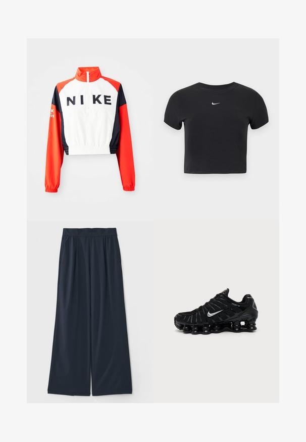 Gekürzte Nike-Jacke mit hohem Kragen, weißem Körper, roten und marineblauen Ärmeln, schwarzem Logo auf der Vorderseite, elastischem Saum und Bündchen, sportliches Design.; Schwarzes, kurz geschnittenes T-Shirt aus Baumwolle mit rundem Ausschnitt und kurzen Ärmeln. Auffälliges weißes Nike-Logo auf der Brust.; Dunkelblaue weit geschnittene Hose aus weichem Stoff; mit elastischem Bund und zwei seitlichen Taschen für zusätzlichen Komfort.; Schwarzer Nike Sportschuh mit silbernem Swoosh-Logo, Mesh- und synthetischem Obermaterial und einer markanten segmentierten gepolsterten Sohle.