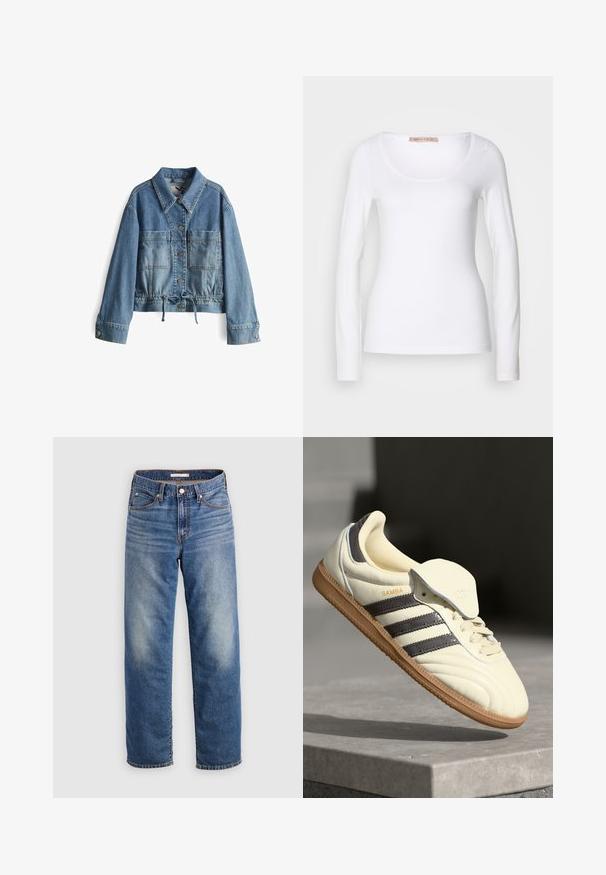 Lichtblauwe denim jasje met een knoopsluiting aan de voorkant, twee grote borstzakken en een verstelbare trekkoord taille. Heeft een klassieke kraag en lange mouwen.; Witte katoenen T-shirt met lange mouwen, voorzien van een ronde halslijn en een getailleerd ontwerp, met een gladde textuur en zonder versieringen.; Lichtblauwe spijkerbroek met rechte pijpen, voorzien van een knoopsluiting, voorzakken en subtiele verlichtingen bij de dij.; Crème leren sneaker met drie donkere strepen, een bruine gumrubberen zool en een ronde neus. Voorzien van een opvouwbare tong met het label "SAMBA."