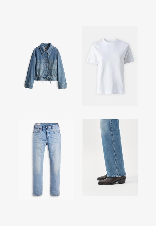 Lichtblauwe denim jasje met een knoopsluiting aan de voorkant, twee grote borstzakken en een verstelbare trekkoord taille. Heeft een klassieke kraag en lange mouwen.; Witte katoen t-shirt met een ronde hals, korte mouwen, een rechte snit en een gladde textuur. Geen patronen of versieringen.; Lichtblauwe spijkerbroek met een rechte snit, twee zijzakken en een knoopsluiting. Verweerd textuur met lichte vervaging bij de knieën.; Bruine leren enkellaarzen met een spitse neus en blokhak, gecombineerd met lichtblauwe recht gesneden jeans, die een schoon en eenvoudig ontwerp tonen.