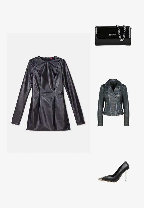 Freaky Nation Leren jas - black black; 032c TRAPEZE TOO TIGHT MINI DRESS - Cocktailjurk - black luster; Zwarte leren pumps met puntige neus, metalen zilveren kap op de neus en een dunne metalen zilveren naaldhak.; Zwarte gepatenteerde neplederen clutch met een zilveren kettingstrap, voorzien van een flap sluiting en logo detail aan de voorkant. Rechthoekige vorm.