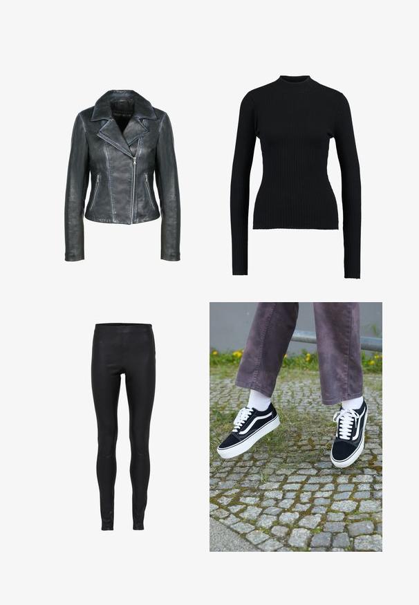 Freaky Nation Leren jas - black black; Zwarte geribbelde coltrui met lange mouwen en een aansluitend ontwerp, met een zachte textuur en gestructureerd silhouet.; Zwarte leren legging met hoge taille, gladde textuur en een strakke pasvorm van taille tot enkel.; Zwarte suède sneakers met witte accenten, met een ronde neus, dikke witte zool en klassieke vetersluiting, gedragen met witte sokken en paarse broek.