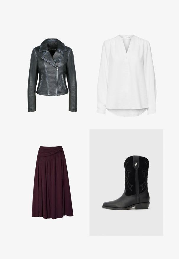 Freaky Nation Leren jas - black black; Witte blouse met lange mouwen, een kleine opstaande kraag, V-hals met één knoop en een licht gebogen zoom die langer is aan de achterkant.; Donkerpaarse lange rok met brede gerimpelde tailleband en vloeiende geplooide stof, ontworpen voor een losse en comfortabele pasvorm.; Zwarte leren cowboylaarzen met een spitse neus, suède accenten, decoratieve stiksels en een lage gestapelde hak. Bevat een logo aan de achterkant.