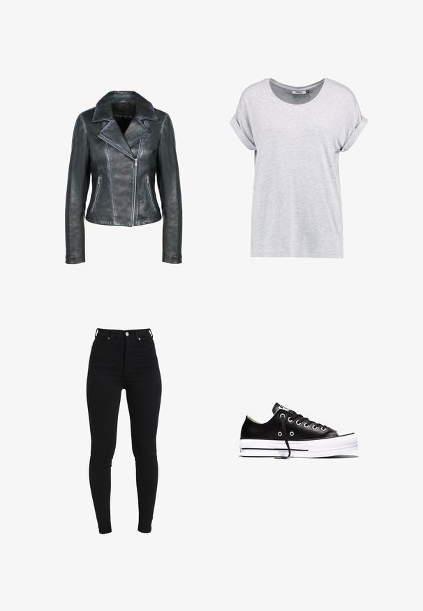 Freaky Nation Læderjakker - black black; Lys grå, kortærmet t-shirt med rund hals og opfoldede ærmer, lavet af blødt stof, med en afslappet pasform og minimalistisk design.; Sorte højtaljede skinny jeans lavet af strækdenim, med lukning foran med knap, fem-lomme design og tætsiddende silhuet.; Sort lav sneakers med hvid gummisål, sorte snørebånd og sølvfarvede snørehuller set fra siden mod en hvid baggrund.