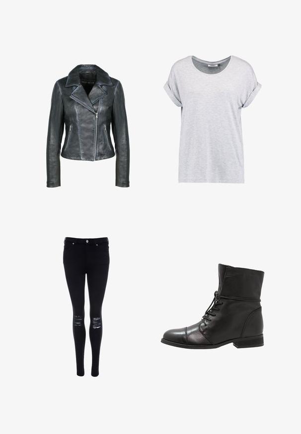 Freaky Nation Læderjakker - black black; Lys grå, kortærmet t-shirt med rund hals og opfoldede ærmer, lavet af blødt stof, med en afslappet pasform og minimalistisk design.; Sorte stramme jeans lavet af denim med en glat tekstur, med slidte knædetaljer og en slim fit-design, fastgjort med en frontknap.; Sort læder ankelstøvle med rund tå, snørebånd foran og lav blokhæl. Glat tekstur med syningsdetaljer og en foldet krave.