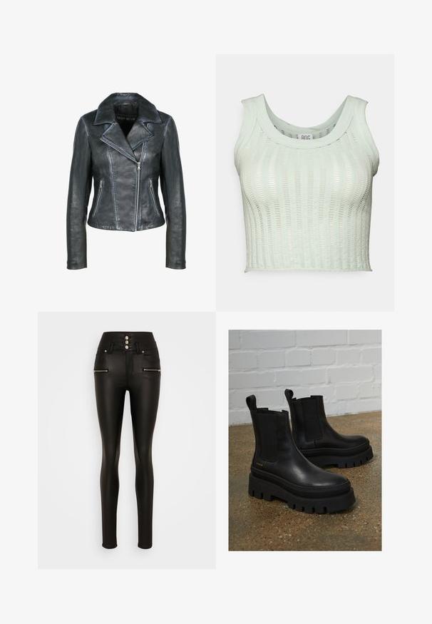 Freaky Nation Læderjakker - black black; BDG Urban Outfitters BDG LADDER TANK - Top - mint as sample; Vero Moda Tall VMDONNA - Bukser - black; Sort læder ankelstøvler med elastiske sidepaneler, tykke sorte platformssåler og syninger, der har en løftesanordning for nem påtagning.