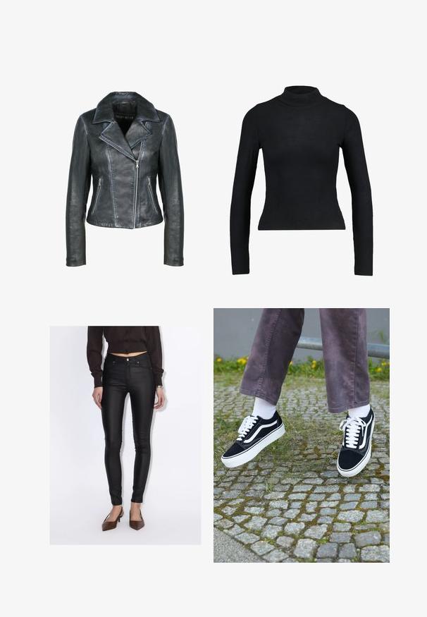 Freaky Nation Læderjakker - black black; Sort langærmet turtleneck top lavet af ribbet stof, med en tætsiddende design og slank silhuet. Ingen mønstre eller detaljer.; Kvinde iført sorte høj-taljede skinny bukser, en kropsnær mørkebrun knapbluse og brune spidse hæle.; Sorte ruskinds sneakers med hvide accenter, med rund tå, tyk hvid sål og klassisk snørebåndsdesign, båret med hvide sokker og lilla bukser.