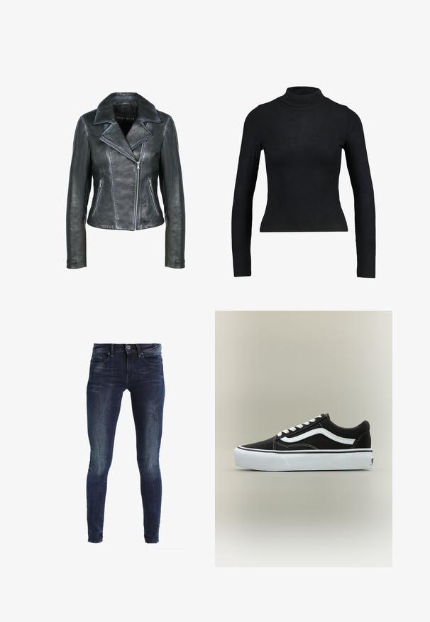 Freaky Nation Læderjakker - black black; Sort langærmet turtleneck top lavet af ribbet stof, med en tætsiddende design og slank silhuet. Ingen mønstre eller detaljer.; Slanke jeans i mørkeblå denim med en falmet vask, fem lommer og knaplukning. Klassisk design uden synlige metaldetaljer.; Lavtop sort sneaker med hvid side stribe, hvide snørebånd, hvid gummisål og tekstureret tåhætte på neutral baggrund.