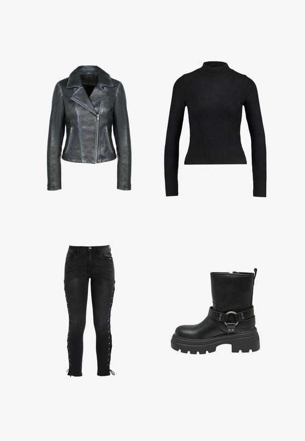 Freaky Nation Læderjakker - black black; Sort langærmet turtleneck top lavet af ribbet stof, med en tætsiddende design og slank silhuet. Ingen mønstre eller detaljer.; Sorte smalle jeans med frontlommer, bæltestropper, knaplukning og snøre detaljer langs begge yderside sømme med bindebånd ved anklerne.; Sort læder ankelstøvle med en chunky sål, udstyret med en rem med en sølvfarvet ringdetalje. Glat tekstur, rund tå og blyant ved bageste del.