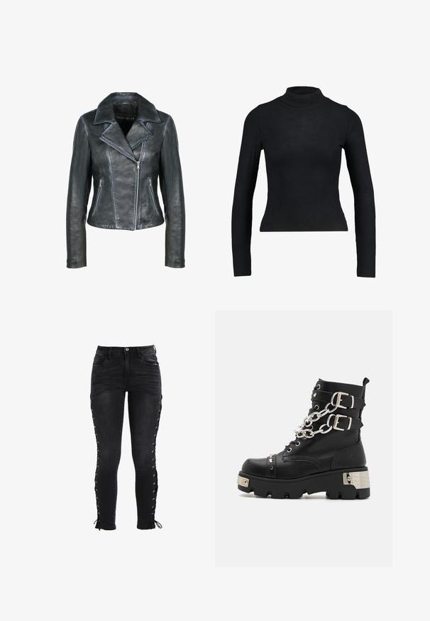 Freaky Nation Læderjakker - black black; Sort langærmet turtleneck top lavet af ribbet stof, med en tætsiddende design og slank silhuet. Ingen mønstre eller detaljer.; Sorte smalle jeans med frontlommer, bæltestropper, knaplukning og snøre detaljer langs begge yderside sømme med bindebånd ved anklerne.; Koi Footwear SHACKLED SHADOWS HEAVY DUTY CHAIN - Cowboy- / bikerstøvlette - black