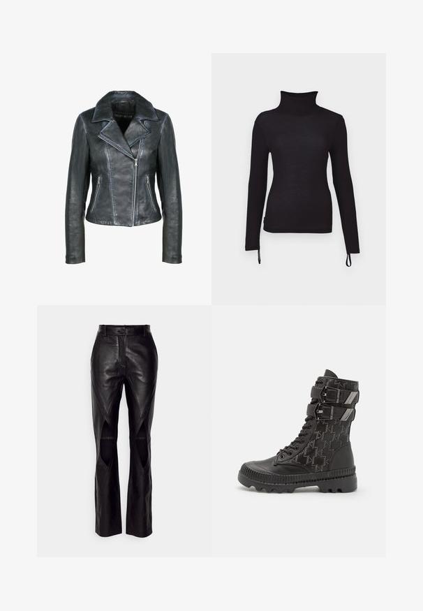 Freaky Nation Leren jas - black black; Zwarte langemouwige turtleneck shirt, slim fit, geribbelde textuur, uitgerust met verstelbare trekkoorden aan de zoom voor een aanpasbare lengte.; Zwarte leren broek met een slim fit ontwerp, voorzien van diagonale naden en uitsnijdingen aan de zijkanten. Rechte pijpen met een knoopsluiting in de taille.; Zwarte gevechtslaarzen met een gestructureerde bovenkant met een houndstoothmotief, twee verstelbare banden en een robuuste zool.