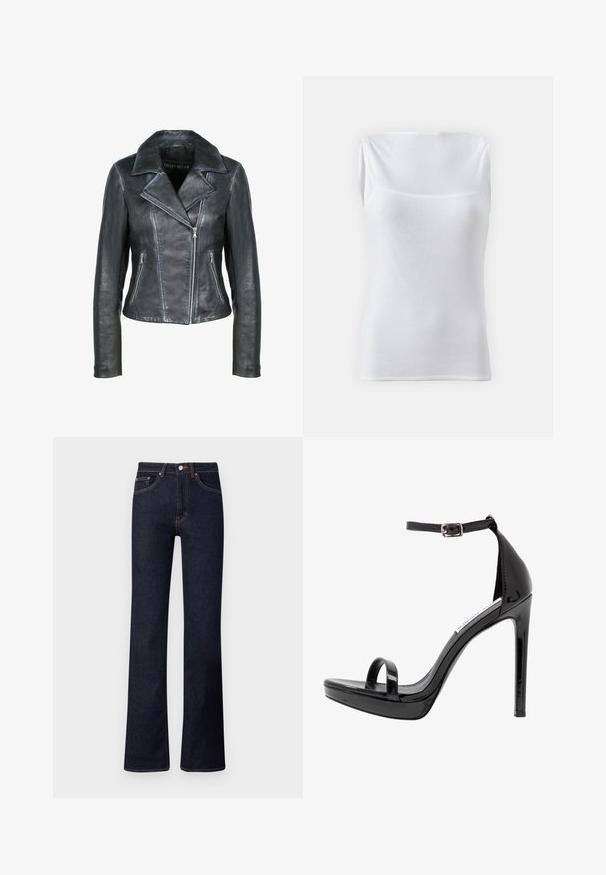 Freaky Nation Læderjakker - black black; Hvid ærmeløs top lavet af ribbet stof, med rund halsudskæring og figursyet design. Glat tekstur uden synlige lukninger.; Mørk vask denim jeans med en flared form, der har for- og baglommer, kobberstikninger og en knaplukning i taljen.; Steve Madden MILANO - Højhælede sandaletter / Højhælede sandaler - black