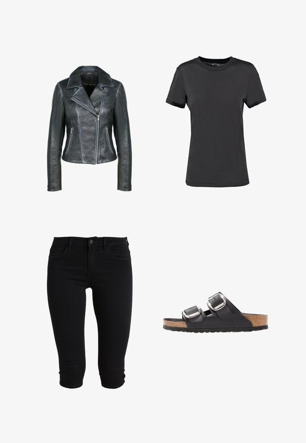 Freaky Nation Leren jas - black black; Zwarte korte mouwen t-shirt gemaakt van een gladde stof. Heeft een ronde hals zonder zichtbare patronen of accenten, wat zorgt voor een eenvoudig ontwerp.; Zwarte denim capri jeans met een aansluitend ontwerp, voorzien van voorzakken, een knoopsluiting en omgeslagen zoom voor een gestroomlijnde uitstraling.; Zwarte sandaal met twee verstelbare banden, zilveren gespen en een kurken voetbed op een gestructureerde zwarte rubberen zool.