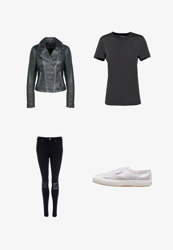 Freaky Nation Leren jas - black black; Zwarte korte mouwen t-shirt gemaakt van een gladde stof. Heeft een ronde hals zonder zichtbare patronen of accenten, wat zorgt voor een eenvoudig ontwerp.; Zwarte skinny jeans van denim met een gladde textuur, voorzien van gescheurde accenten op de knieën en een slim fit ontwerp, met een sluiting met een knoop aan de voorkant.; Zilveren glitter sneakers met een witte rubberen zool, voorzien van een ronde neus, vetersluiting en een logo-patch aan de zijkant.