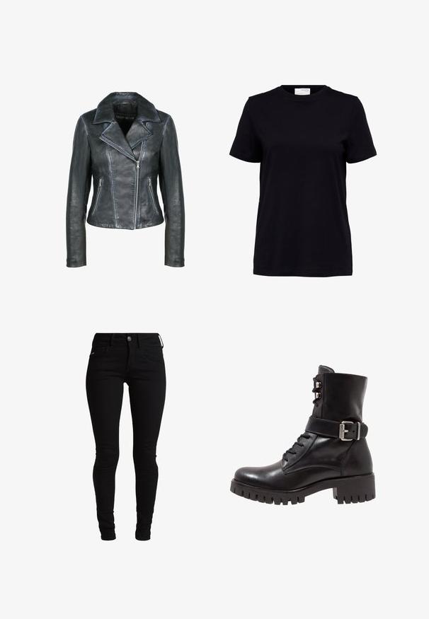 Freaky Nation Leren jas - black black; Zwart T-shirt met korte mouwen en een ronde hals, rechte zoom en een wit label aan de achterkant binnenin de kraag.; Zwarte skinny jeans van denim, met een klassiek vijf-pocket ontwerp, riemlussen en een sluiting met een voorste knoop. Glad, elastisch textuur.; Zwarte leren enkelboot met vetersluiting aan de voorkant, verstelbare metalen gespsluiting en een grove loopzool. Kenmerken een gladde afwerking en gestructureerd ontwerp.