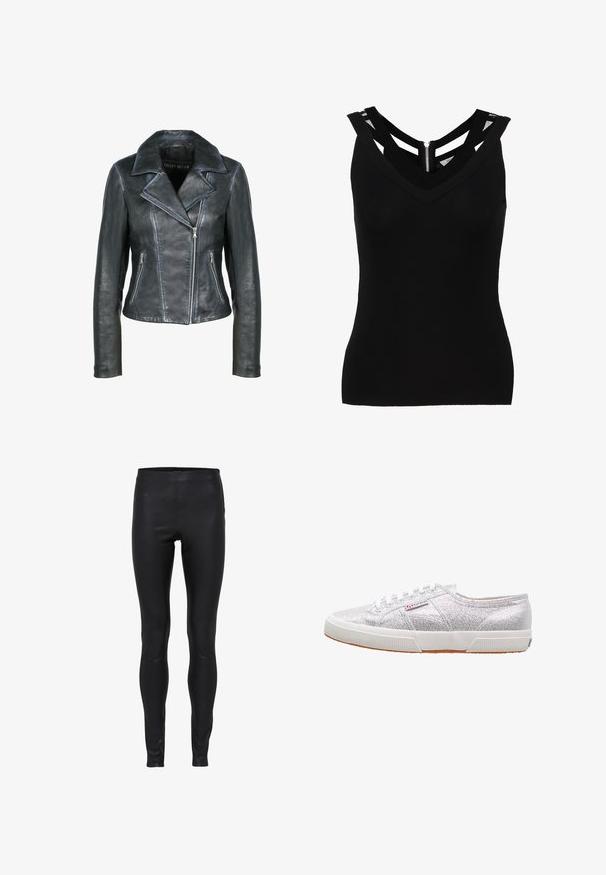 Freaky Nation Læderjakker - black black; Sort ærmeløs top med V-udskæring og mesh detalje ved skuldrene. Har en skjult lynlås i ryggen. Glat stofstruktur.; Sorte læderleggings med høj talje, glat tekstur og tætsiddende pasform fra talje til ankel.; Sølvglitrende sneakers med hvid gummisål, der har rund tå, snørebåndsdesign og et logo-patch på siden.