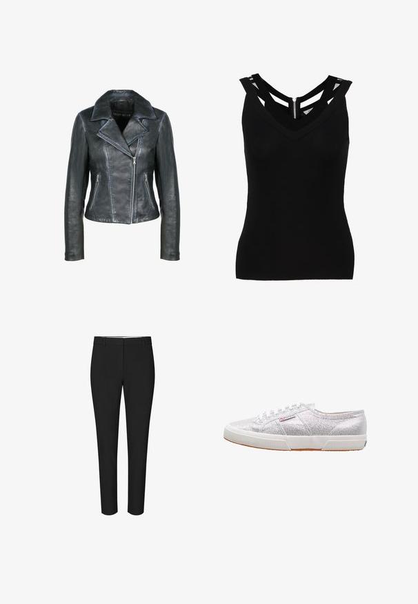 Freaky Nation Læderjakker - black black; Sort ærmeløs top med V-udskæring og mesh detalje ved skuldrene. Har en skjult lynlås i ryggen. Glat stofstruktur.; Sorte slim-fit-bukser med bæltestropper og flad front, vist mod en ensfarvet hvid baggrund.; Sølvglitrende sneakers med hvid gummisål, der har rund tå, snørebåndsdesign og et logo-patch på siden.
