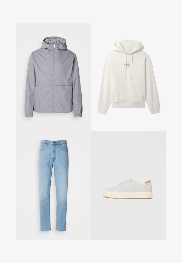 Helle graue Kapuzenjacke mit geometrischem Muster, Reißverschluss, elastischen Bündchen und zwei Fronttaschen; aus einem glatten, wasserabweisenden Material gefertigt.; Weißes Kapuzensweatshirt mit Fronttasche und Kordelzug, mit kleinem Calvin Klein Logo in der Mitte der Brust.; Hellblaue Jeans mit geradem Schnitt, fünf Taschen und Gürtelschlaufen. Der Stoff hat eine glatte Textur mit einem leichten Verblassungseffekt.; Hellgraue Sneaker mit einer glatten Synthetik-Oberfläche, runder Spitze und einer strukturierten cremefarbenen Zwischensohle. Helle tanfarbene Akzente an der Ferse.