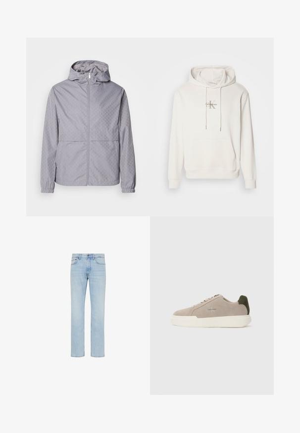 Chaqueta con capucha de color gris claro, con un patrón geométrico, cierre de cremallera, puños elásticos y dos bolsillos frontales; fabricada en un material suave y resistente al agua.; Sudadera blanca con capucha en tejido suave; presenta un bolsillo canguro frontal, puños acanalados y un logo con "Calvin Klein" sobre una "K" estilizada.; Vaqueros de mezclilla azul claro de pierna recta con botón delantero, cierre de cremallera y diseño de cinco bolsillos, mostrados sobre fondo blanco.; Zapatillas de piel de ante beige con suela de goma blanca, que presentan un acento en el talón de color verde oscuro y un sutil logo en el lateral.