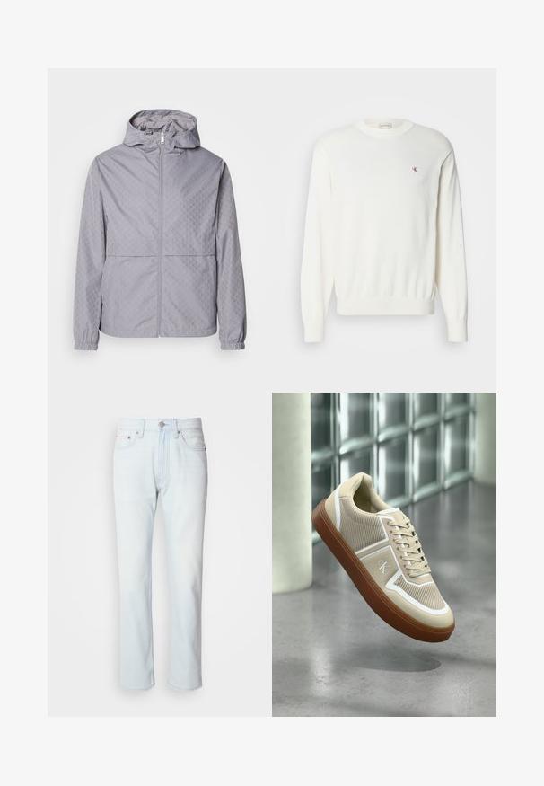 Helle graue Kapuzenjacke mit geometrischem Muster, Reißverschluss, elastischen Bündchen und zwei Fronttaschen; aus einem glatten, wasserabweisenden Material gefertigt.; Weißer Strickpullover mit langen Ärmeln, gerippten Bündchen und Saum, mit einem kleinen roten Logo auf der Brust. Weicher Stoff, Rundhalsausschnitt.; Hellblaue Jeans mit geradem Bein. Verfügt über einen Knopfverschluss und Gürtelschlaufen, präsentiert eine ausgebleichte Textur und minimale Nähte.; Beiger Sneaker mit weißen Akzenten und brauner Sohle, schwebt über einem polierten Betonboden nahe einer Glassteinwand in einem modernen Innenraum.