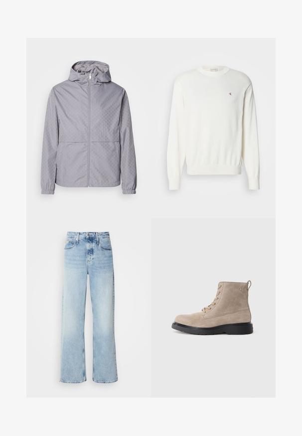 Lys grå hættejakke med et geometrisk mønster, lynlås lukning, elastiske manchetter og to forlommer; lavet af et glat, vandafvisende materiale.; Hvid strikket sweater med lange ærmer, ribbede manchetter og kant, med et lille rødt logo på brystet. Blød tekstur, rund halsudskæring.; Lysblå vide jeans med høj talje, der har en falmet finish, bæltestropper og klassisk fem-lomme design. Kantene er rå.; Beige ruskindsankelstøvler med sort gummisål, snørelukning og et lille logo præget på siden, med en løftestrop bagpå.